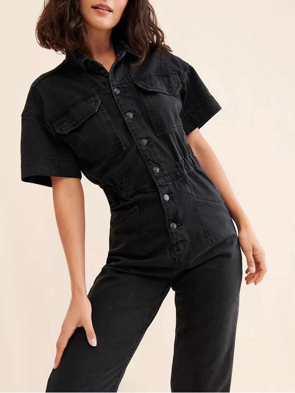 Free People We The Free Marci Iron Black Short-Sleeve Denim Overalls